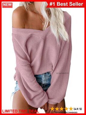 Waffle Knit Off Shoulder Oversized Sweater Bell Sleeve